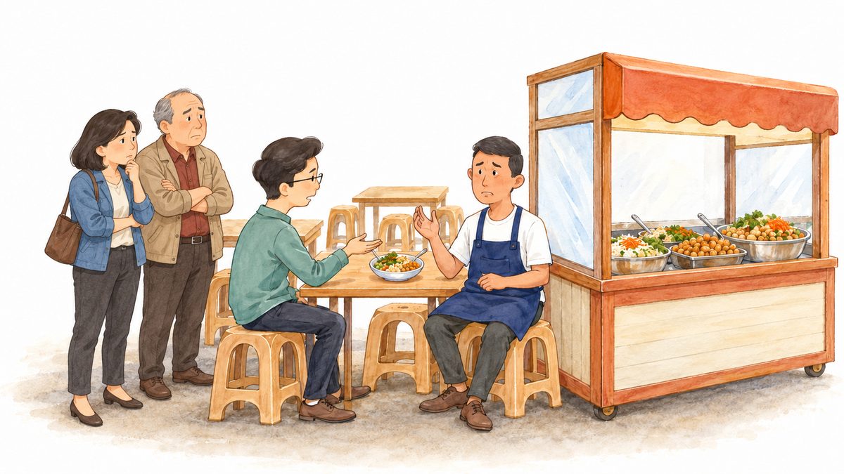 The mini-entrepreneur talking with his customers at the food stall